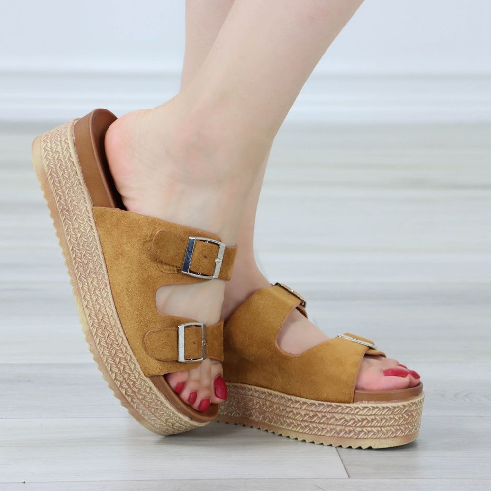 Suede Tan Double Straps Comfort Platform Sandal Slip On Sliders - Picture 2 of 13